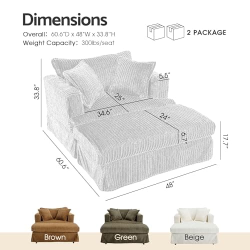 Beige Luxe Chaise Lounge With Ottoman & 2 Pillows 48" Modern Soft Reading Chair