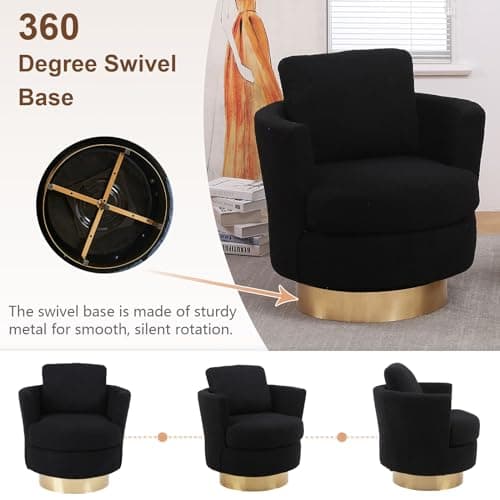 Gold Stainless Steel Base Teddy Swivel Chair, Black Comfy Living Room Accent