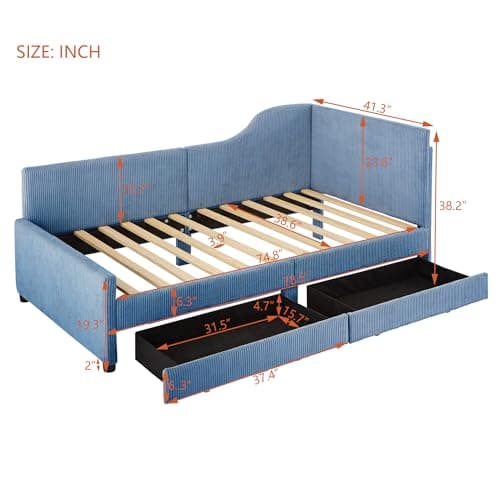 Merax Twin Size Corduroy Daybed with Storage Drawers & Wood Slat Support, Blue