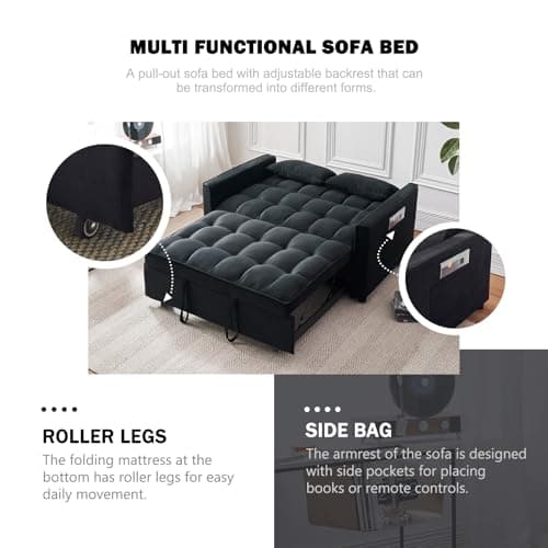 3-in-1 Velvet Sleeper Sofa Bed with Armrests and Storage(Black)