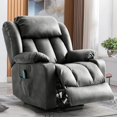 Electric Recliner Chair with Massage & Heat, Cup Holders, Remote Control, USB, Side Pockets, Leather (Beige)