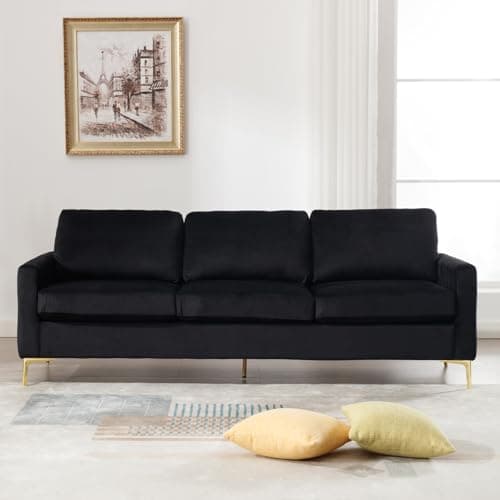 JEEOHEY Velvet Sofa Couch,85 Comfy 3 Seater Sofa with Metal Legs - Black