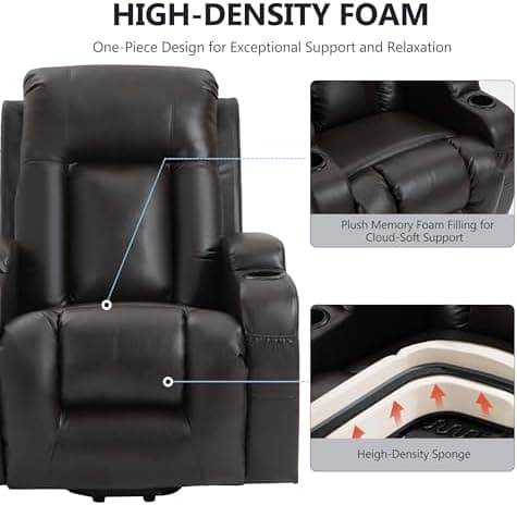 Power Lift Recliner Chair with Heat and Massage for Elderly, Electric Recliner Chairs with Standing Assistance, 2 Cup Holders, 4 Pockets, USB Charge Port, Breathable Leather Brown