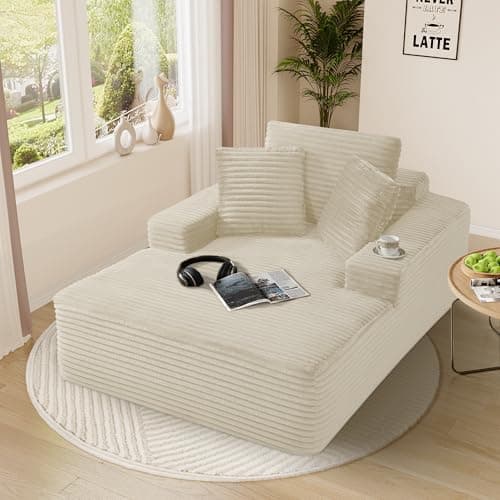 Beige White Oversized Chaise Lounge Chair with Faux Fur & 3 Pillows for Living Room
