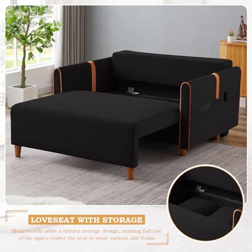 Convertible Sleeper Sofa Bed with Pull Out Bed, Comfy Velvet Loveseat Couch Bed with Storage, Pillows for Living Room, Apartment, Black