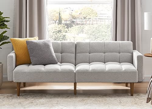 Mid Century Modern Futon Couch for Living Room and Bedroom - Pecan Brown, Faux Leather