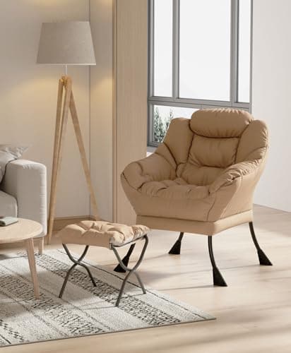 Beige Modern Lounge Chair with Ottoman & Side Pocket (Living Room)