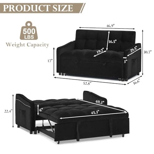 Sleeper Sofa with USB Port and Pull Out Bed for Small Spaces (Black)