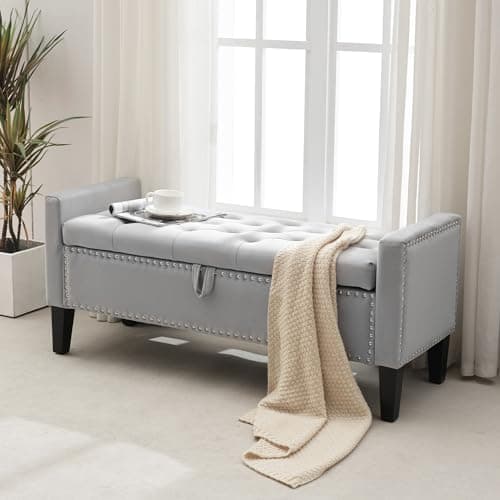 Grey Velvet Button Tufted Storage Ottoman Bench, 45" End of Bed Bench
