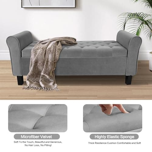 TY ARTS & CULTURE Large Gray Velvet Storage Bench for Bedroom & Entryway
