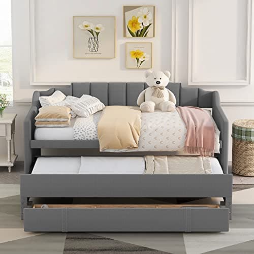 Grey Upholstered Daybed with Trundle and 3 Storage Drawers.