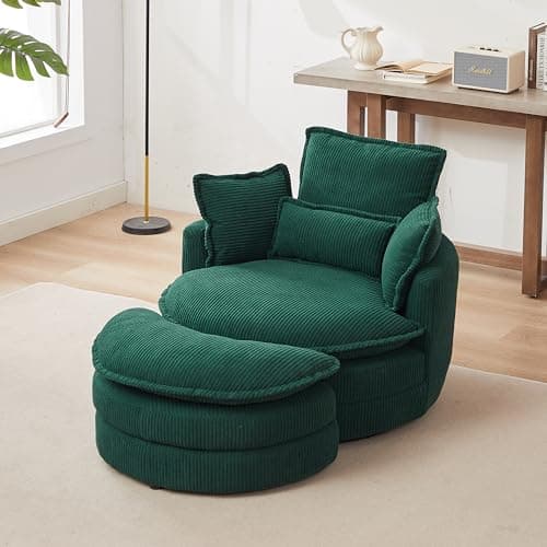 38" Oversized Swivel Chair with Moon Storage Ottoman, Modern Grey Living Room Sofa