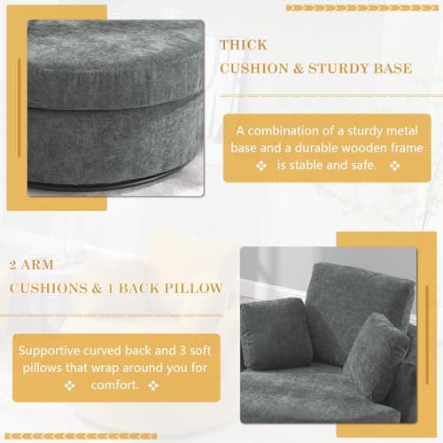 Set of 2 JEEOHEY Modern Chenille Swivel Barrel Chairs with Pillows - Grey Accent Arm Chairs for Living Room, Nursery, Bedroom, Office