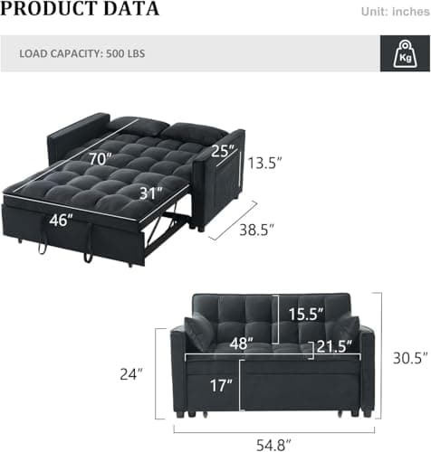 Black 3-in-1 Adjustables Backrest Sleeper Sofa Bed with Pull-Out Couch