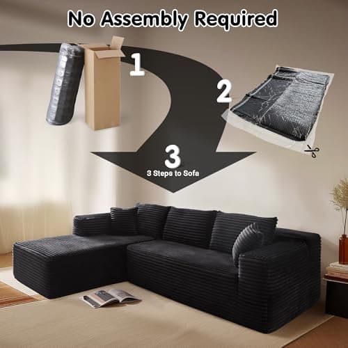 Ovios 104" Cloud Sectional with L-Shape Chaise, Plush Black Corduroy Sofas