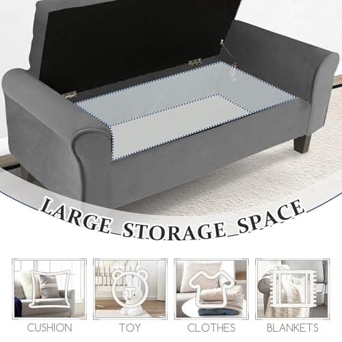 TY ARTS & CULTURE Large Gray Velvet Storage Bench for Bedroom & Entryway