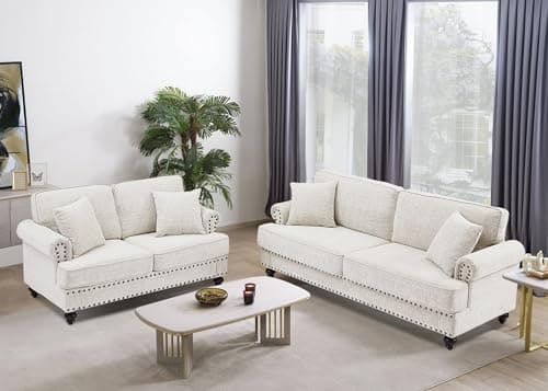 Comfy Sofa Couch Set: 2-Piece Living Room Furniture Set with Loveseat and 3-Seater Sofa (White)