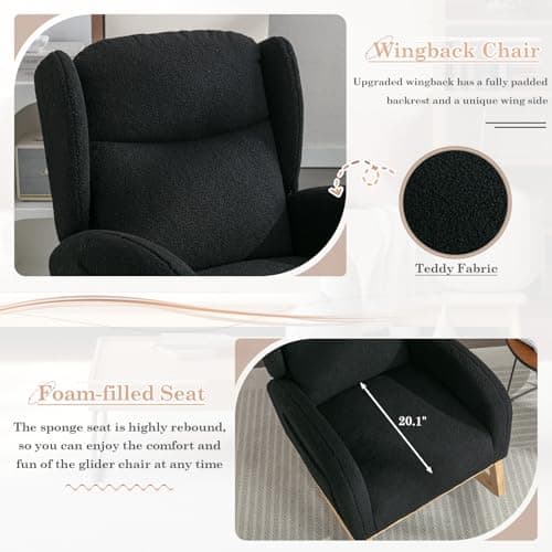 Rocking Chair for Nursery: Teddy Upholstered Glider with Side Pockets and High Backrest in Black