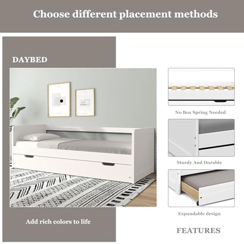 Modern Wood Daybed with Armrest & Trundle, White