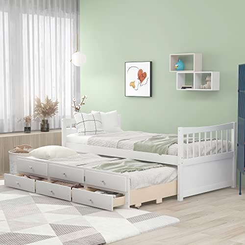 Upholstered Daybed with Trundle, Drawers, and Wood Slat Support Frame - Grey