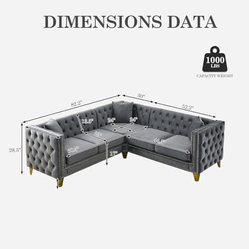 Oversized Velvet L Shaped Chesterfield Sofa with Deep Seat Corner, Button Nailhead Detail, Grey Color