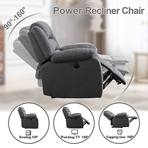 Classic Power Recliner Chair - Oversized Electric Overstuffed Chair with Soft Cushion and Back - Comfortable Armchair for Living Room, Gray