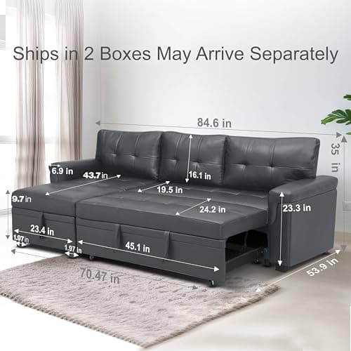 Naomi Home Dark Gray/Air Leather Sleeper Sectional Sofa Bed & Chaise - Tranquil Comfort
