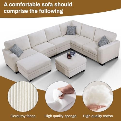 Legend Vansen U-Shaped Corduroy Sectional with Ottoman for Living Room (Cream, U-8)