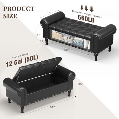 Vintage Rivet Storage Bench, Black, 51" Armless Upholstered Ottoman