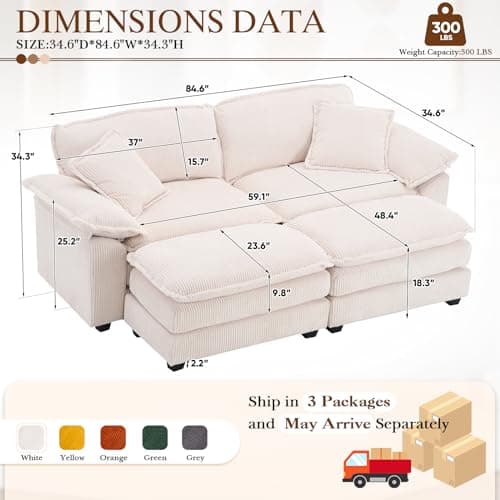 L Shaped Corduroy Sectional Sofa with Chaise and Ottoman