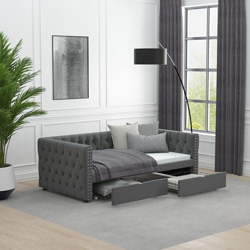 Velvet Upholstered Twin Daybed with Storage Grey (No Box Spring)