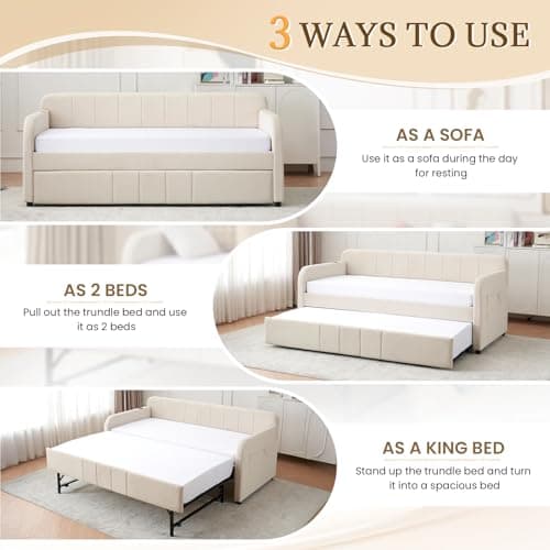Beige Velvet Tufted Twin to King Size Daybed with Pop Up Trundle & USB Port