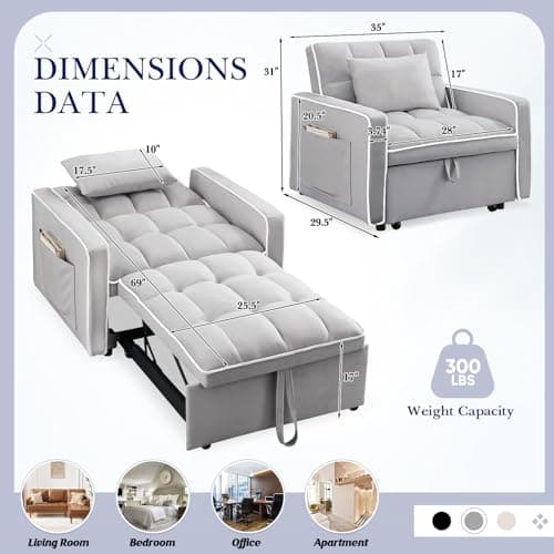 3-in-1 Convertible Sleeper Chair Bed with Adjustable Backrest and Side Pockets, Velvet Upholstered Recliner for Living Room/Office/Small Spaces (Grey)