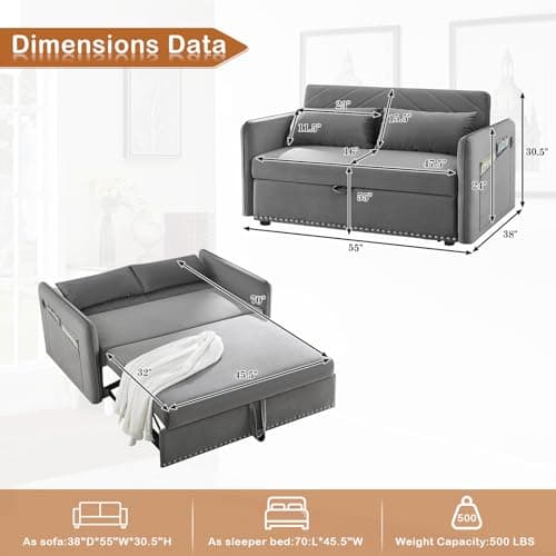 Convertible Sleeper Sofa Couch with Pull Out Bed, Modern Velvet Sofa Bed with Adjustable Backrest & USB Ports