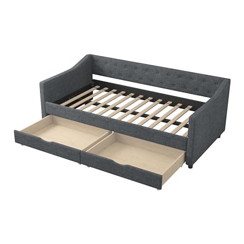 Ergonomic Twin Upholstered Daybed with Drawers & Waved Arms, Dark Grey