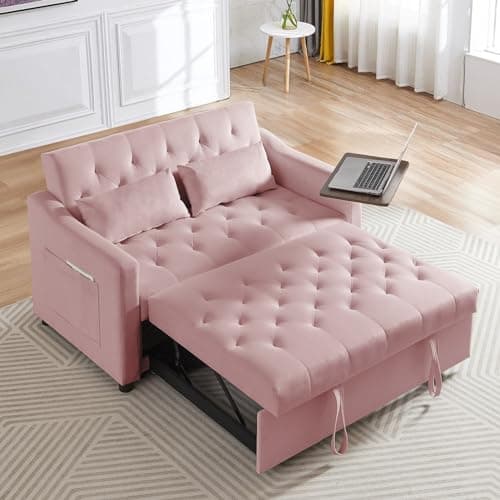 JEEOHEY 3-in-1 Convertible Futon Sofa with Pull-Out Bed (Beige)