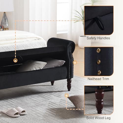 Black Velvet Tufted Storage Bench with Arms for Bed and Living Room