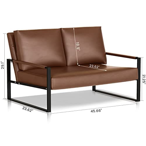 Mid-Century Brown Faux Leather Loveseat for Small Spaces
