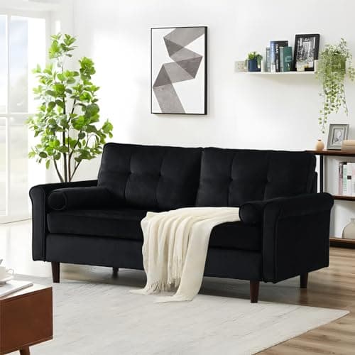 Mid-Century Modern Small Couch for Small Space, with Throw Pillows, in Black