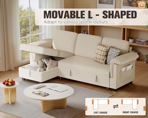 Homall Beige Linen L-Shaped Sleeper Sofa with Storage