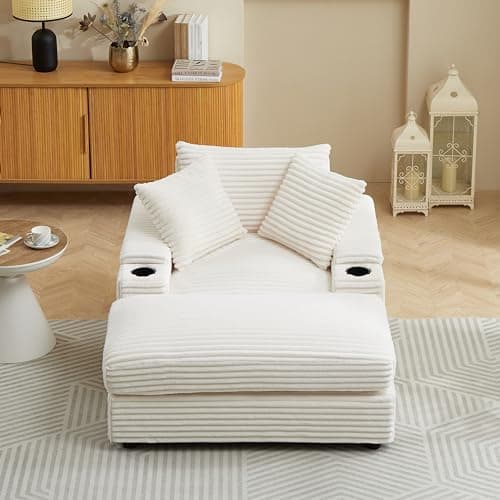 Eafurn Corduroy Upholstered Chaise Lounge Sofa with Ottoman & Cupholders