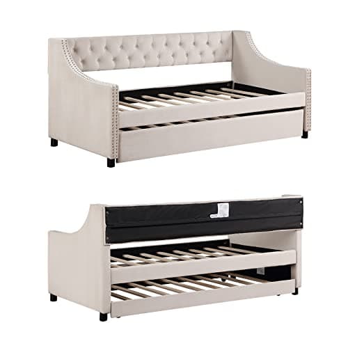 JEEOHEY Modern Button Tufted Velvet Beige Upholstered Daybed with Trundle