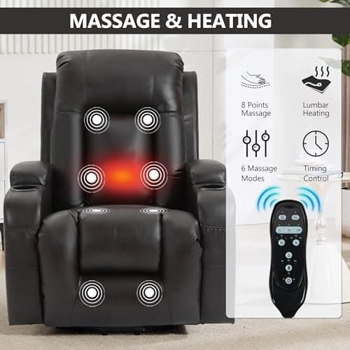 Power Lift Recliner Chair with Heat and Massage for Elderly, Electric Recliner Chairs with Standing Assistance, 2 Cup Holders, 4 Pockets, USB Charge Port, Breathable Leather Brown