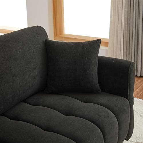Black 3-Seater Mid Century Chenille Couch with Tufted Design & 3 Pillows