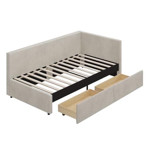 LUSPAZ Beige L-Shape Corduroy Daybed with 2 Drawers & Striped Legs, No Box Spring Required