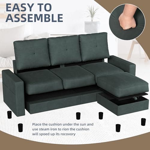 JAMFLY 3-Seat L-Shaped Sectional Sofa with Ottoman, Blue