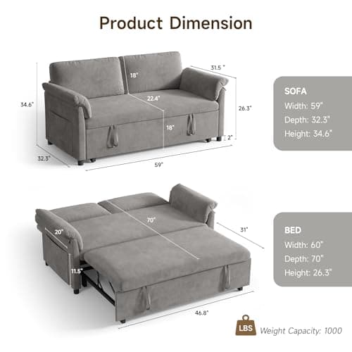 3-in-1 Chenille Convertible Sofa Bed with Pull-Out Bed & Adjustable Backrest, Grey