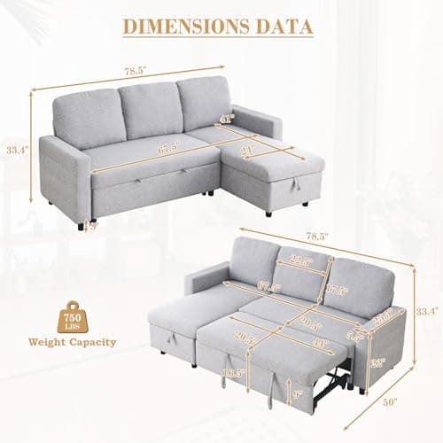 Linen L Shape Convertible Sectional Sofa with Pull Out Bed and Storage Chaise