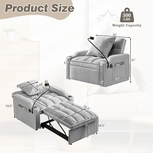 3-in-1 Convertible Sleeper Chair Bed for Small Spaces (Grey)