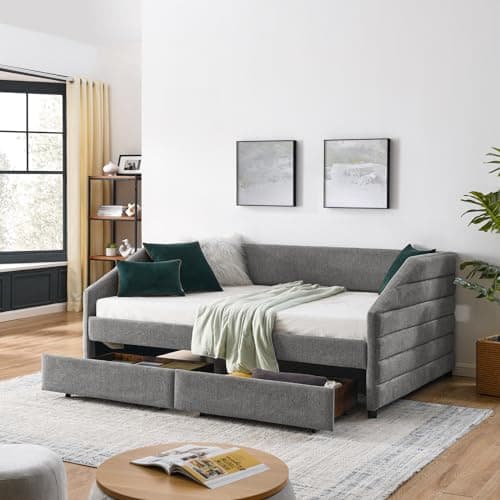 JEEOHEY Queen Size Daybed with Storage, Modern Linen Upholstered Sofa Bed for Living Room and Guest Room, Beige